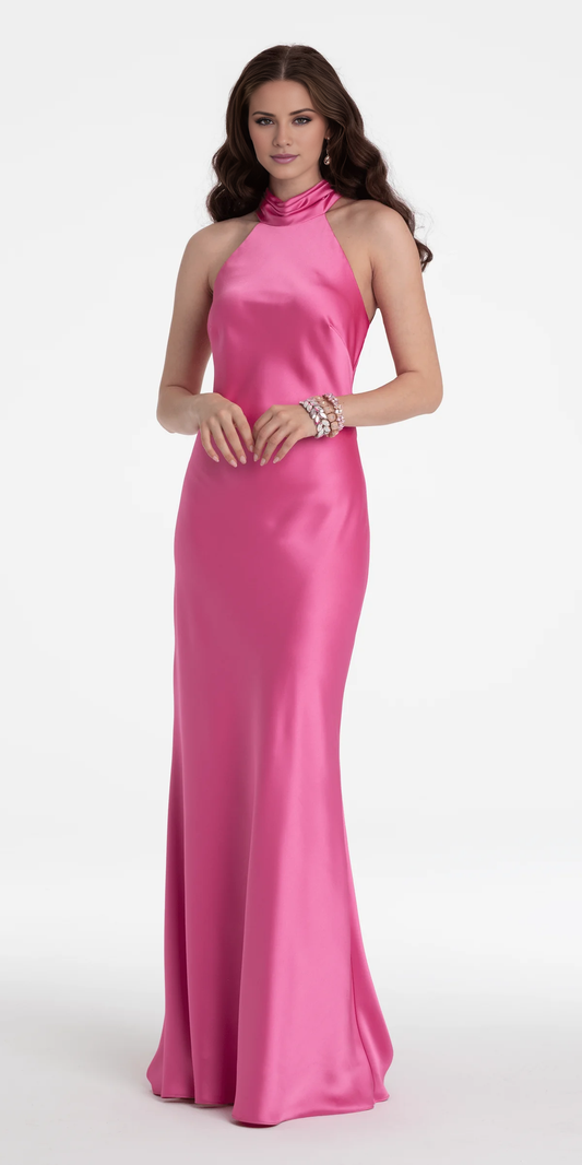 halter neckline satin backless and floor length Prom dress