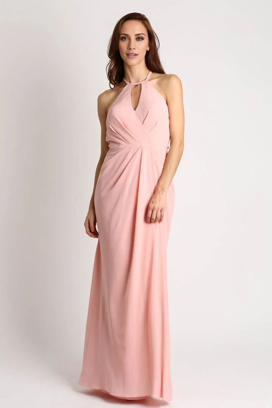 halter neckline off shoulder sleeveless backless and floor length evening dress
