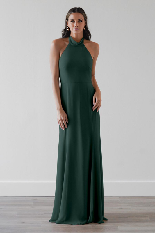 halter neckline off shoulder sleeveless backless and floor length evening dress