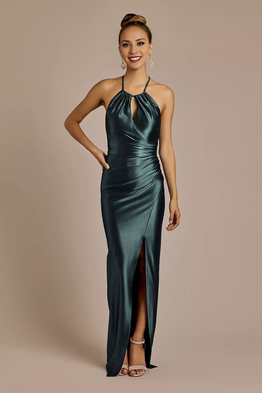 halter neckline backless sleeveless side slit and floor length Prom dress