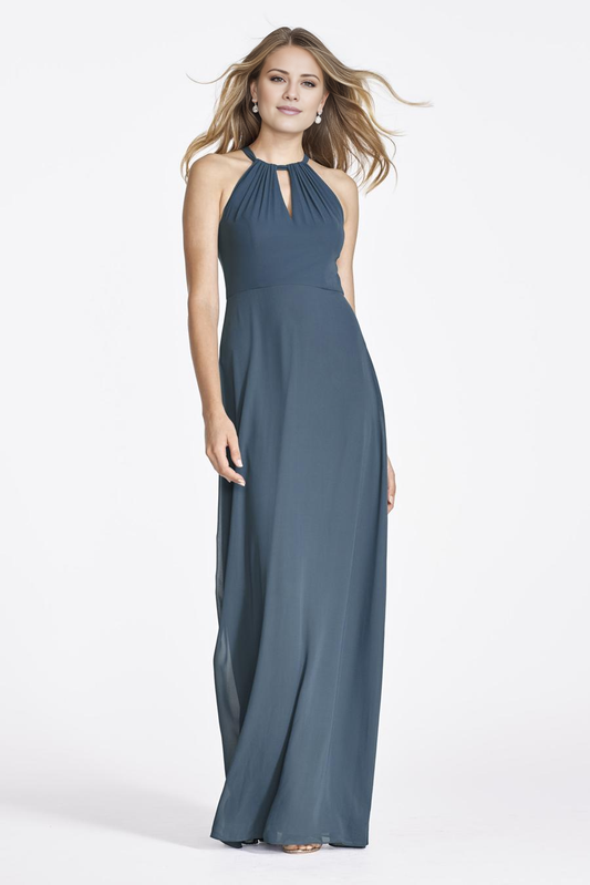 halter neckline sleeveless off shoulder pleated tie and floor length evening dress