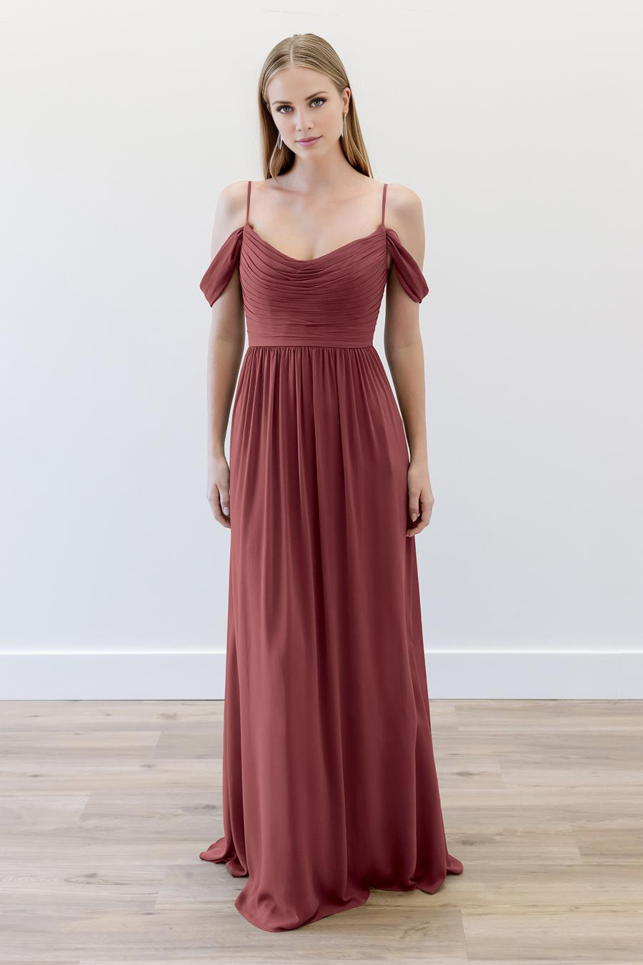 boat neck sleeveless thin shoulder strap pleated backless and floor length evening dress