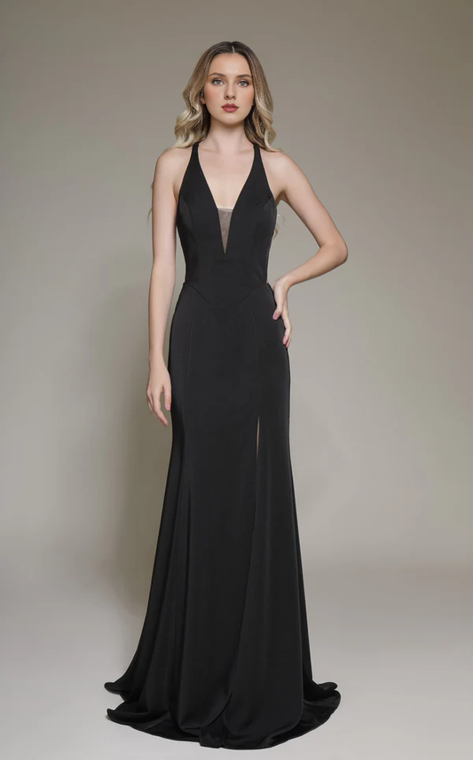A-line deep V-neck satin and floor length Prom dress