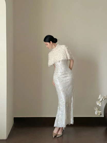 White V-neck sequin waist-cinched slim-fit bodycon long prom dress R7952