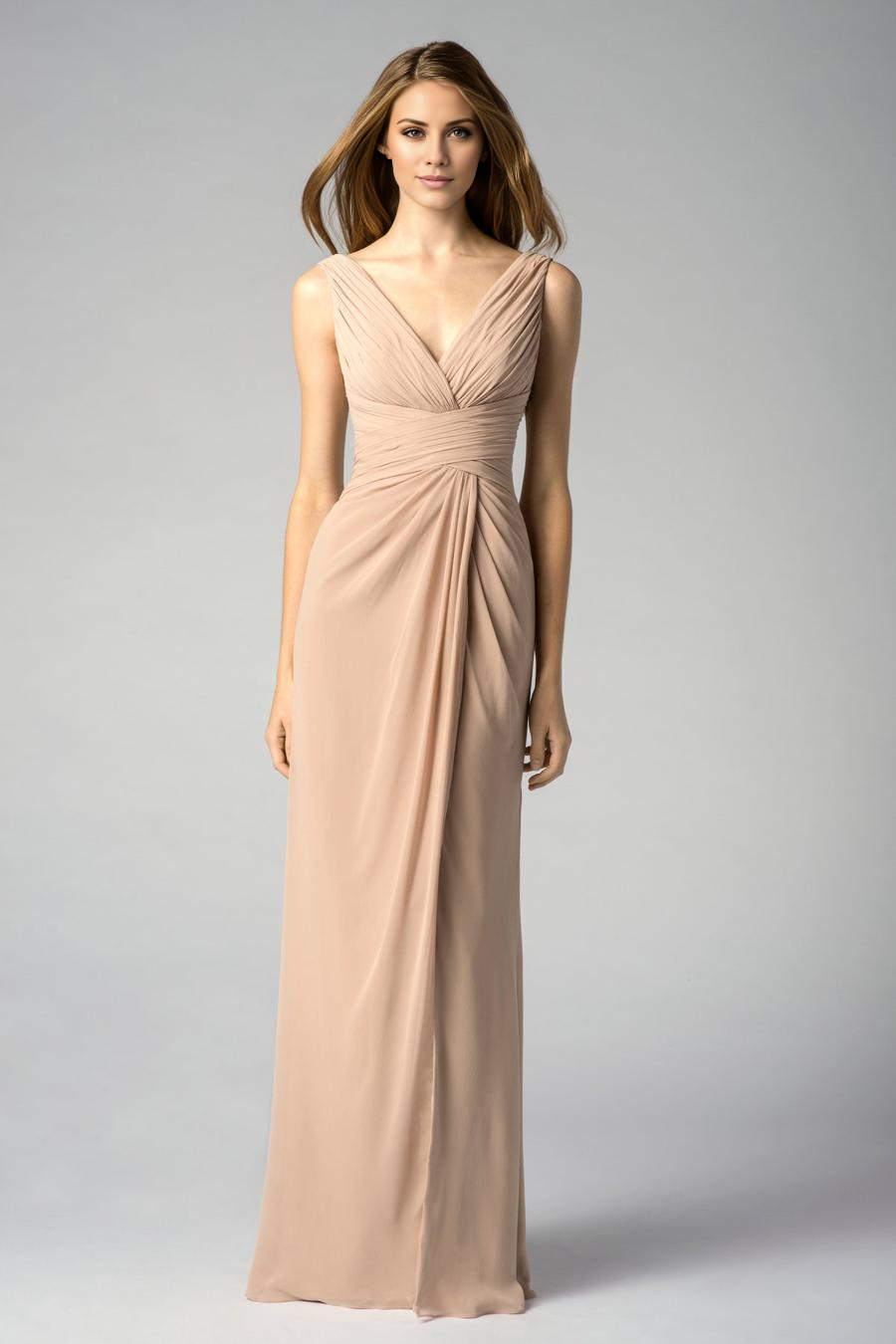 V collar off shoulder sleeveless backless pleated and floor length evening dress