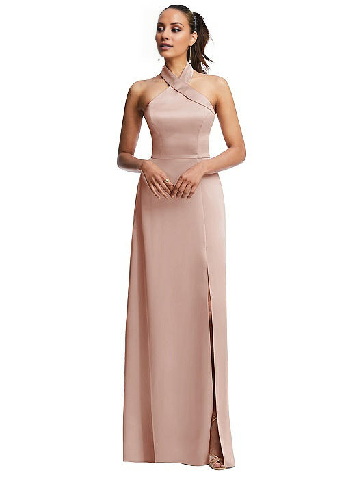 halter neck off shoulder sleeveless backless side slit and floor length Prom dress