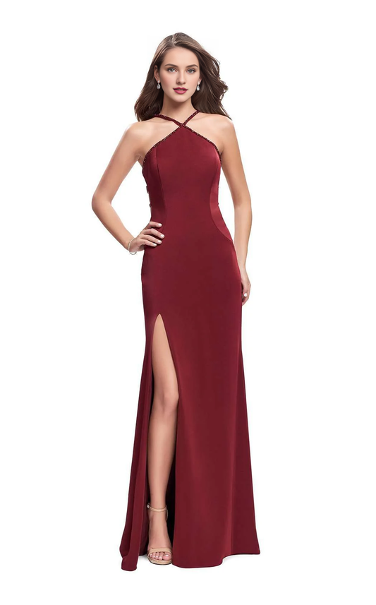 Hanging neck neckline V-shaped shoulder straps side slits horn shaped Prom dress