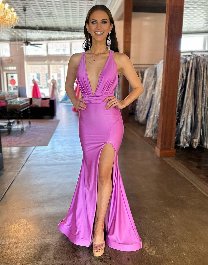 deep V-neck cross back long satin slit Prom dress