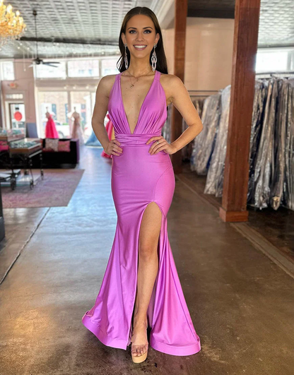 deep V-neck cross back long satin slit Prom dress
