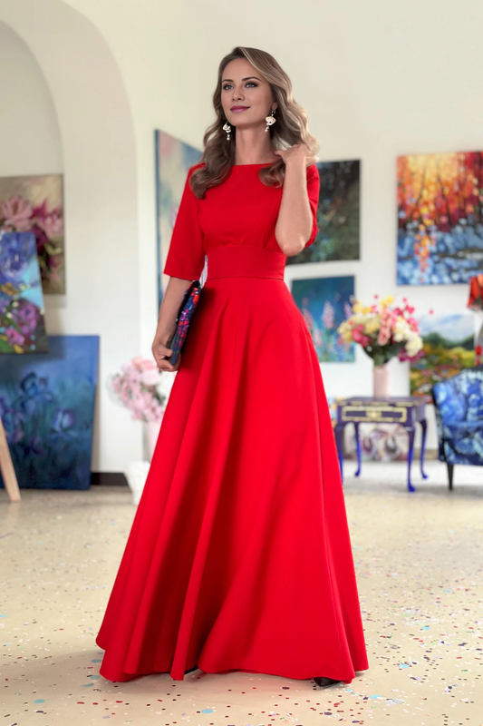 - Short sleeved boat neck trumpet and floor length Prom dress