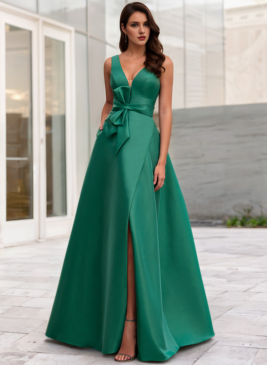A-line evening gown high slit dress formal makeup ball and floor length sleeveless V-neck belt/waistband ribbon bow slit 2026 gods evening dresses