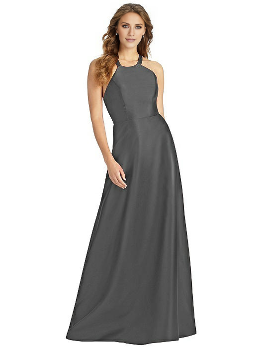 halter neckline off shoulder sleeveless backless and floor length evening dress