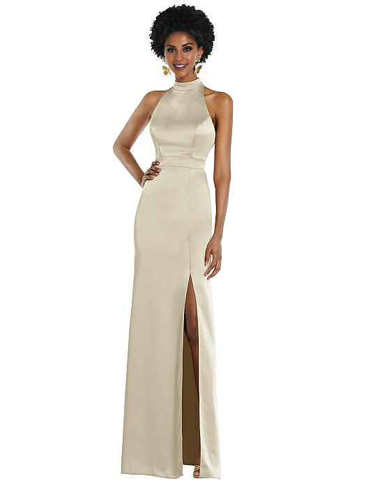 halter neck off shoulder sleeveless backless side slit and floor length Prom dress