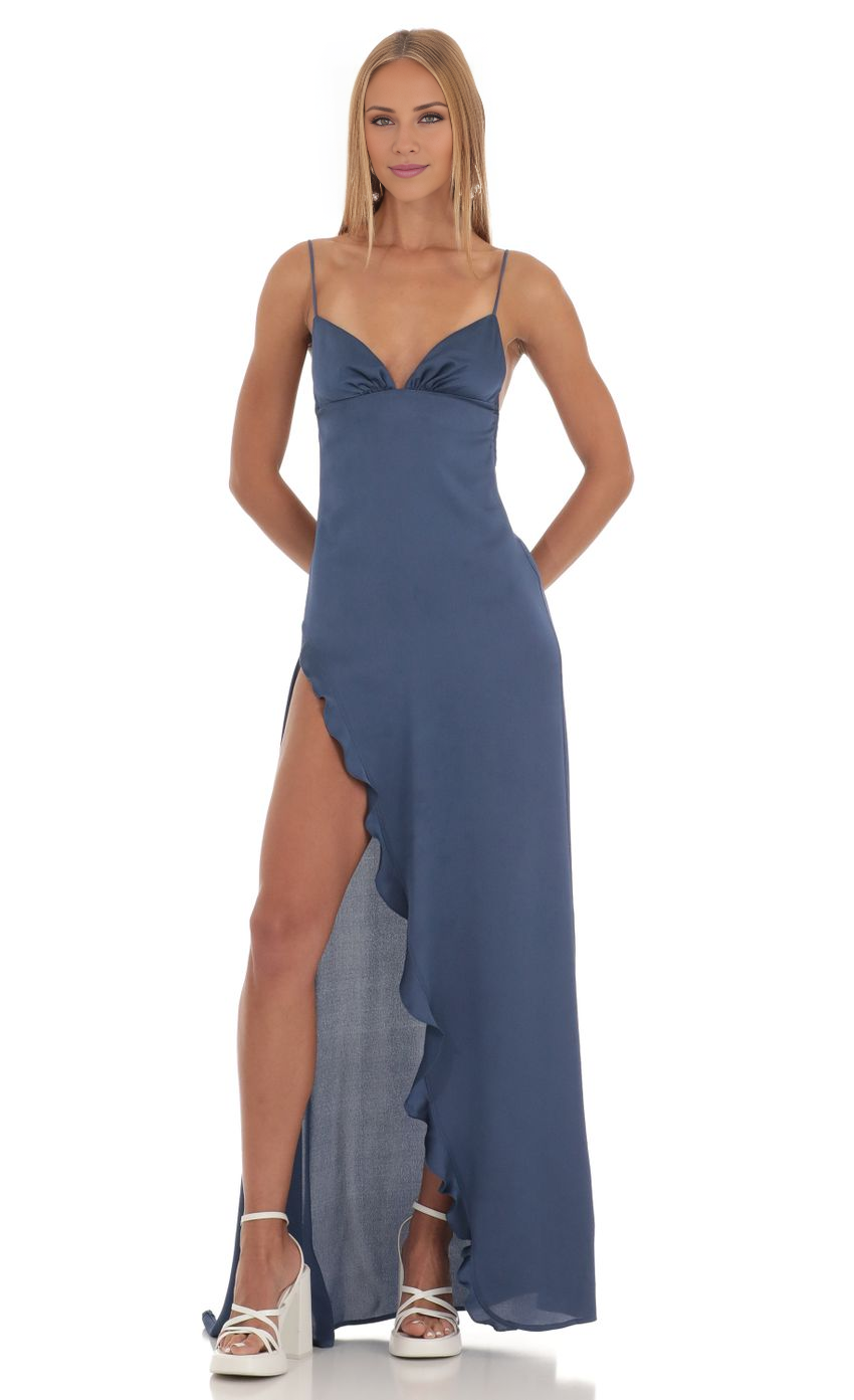 V collar off shoulder sleeveless thin shoulder strap backless side slit and floor length Prom dress