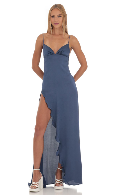 V collar off shoulder sleeveless thin shoulder strap backless side slit and floor length Prom dress