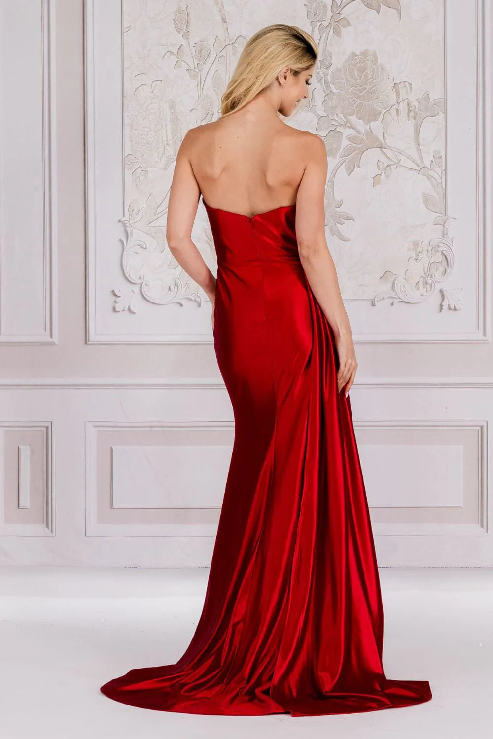 Beaded long strapless pleated dress