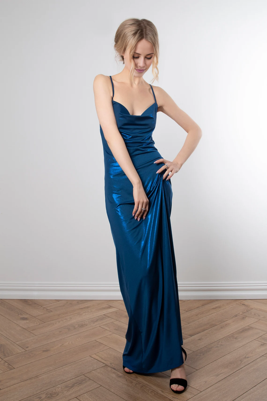 - Thin shoulder strap backless strap and floor length Prom dress