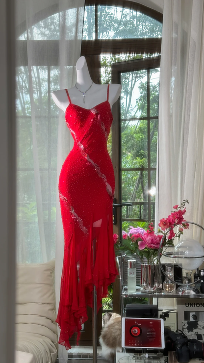 Charming Spaghetti Straps Red Chiffon Beaded Sheath Prom Dress Evening Gown