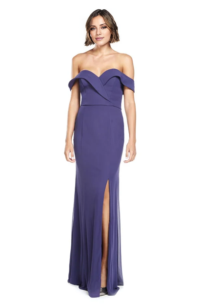 off shoulder collar sleeveless strapless backless side slit and floor length Prom dress