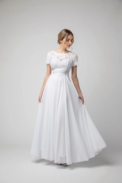 A-line lace tight corset long short sleeved chiffon dress