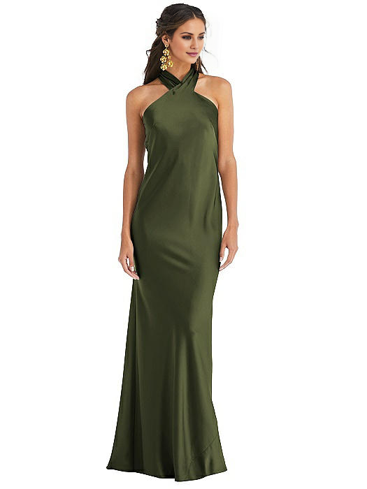 halter neckline off shoulder sleeveless backless and floor length Prom dress