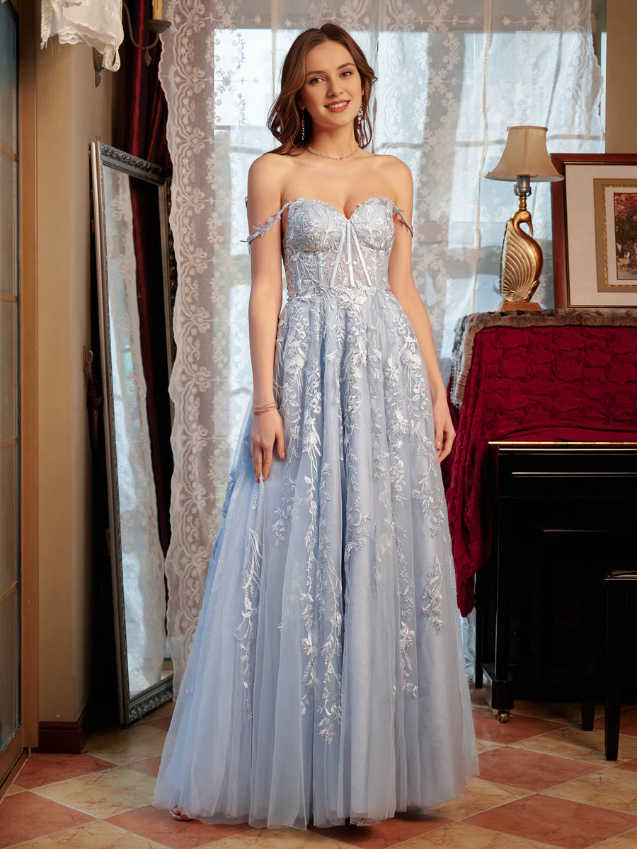 A-shaped princess sweetheart applique chiffon long ball dress