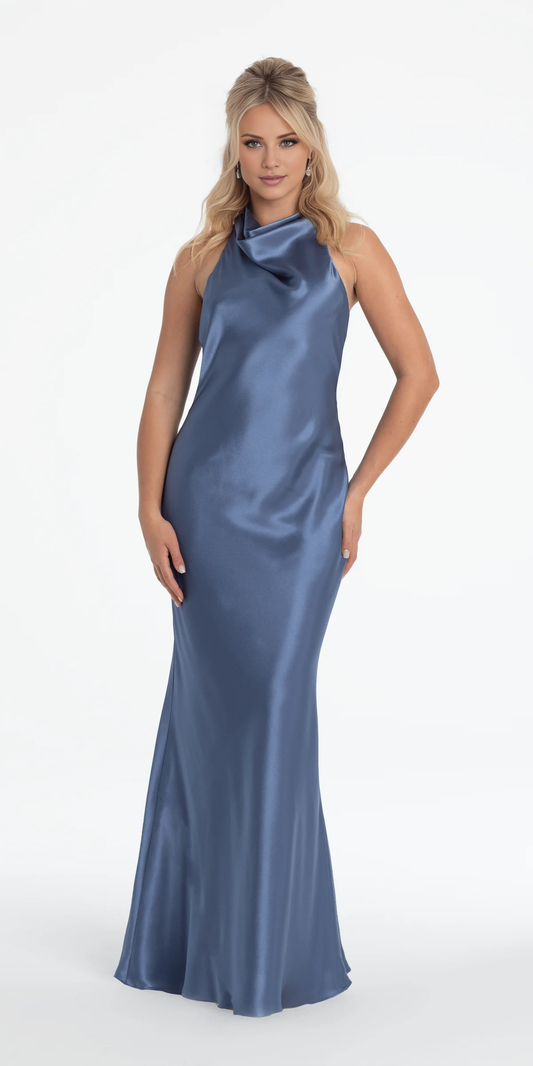 halter neckline satin sleeveless off shoulder and floor length Prom dress