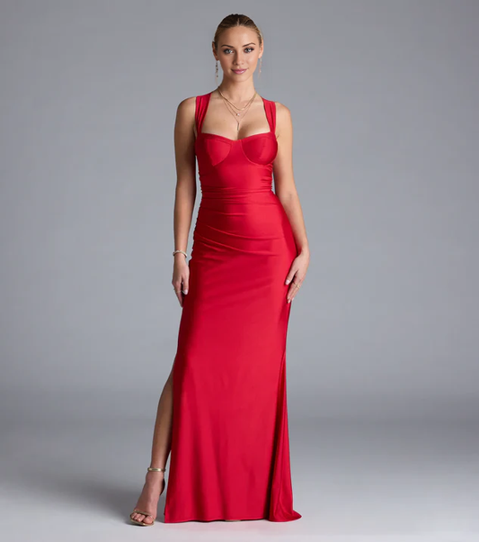 heart-shaped neckline satin backless side slit and floor length Prom dress