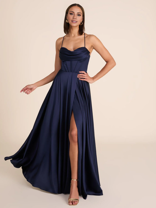 heart-shaped neckline with thin shoulder straps tight fitting corset with side slits and floor length evening dress