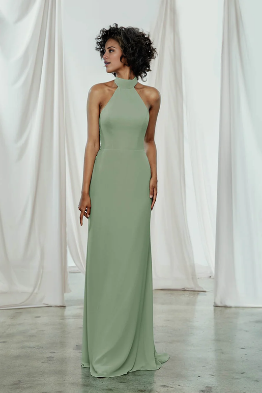 halter neckline off shoulder sleeveless backless and floor length evening dress