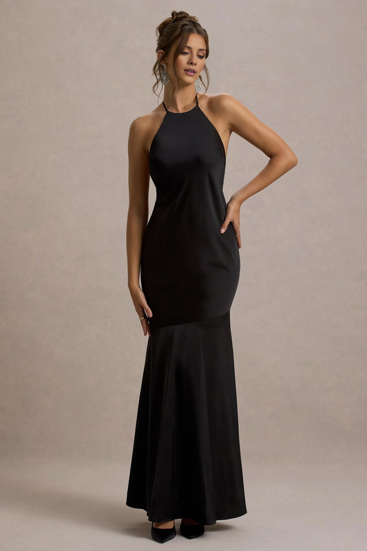 Hanging neck collar satin backless mid length evening dress - dress