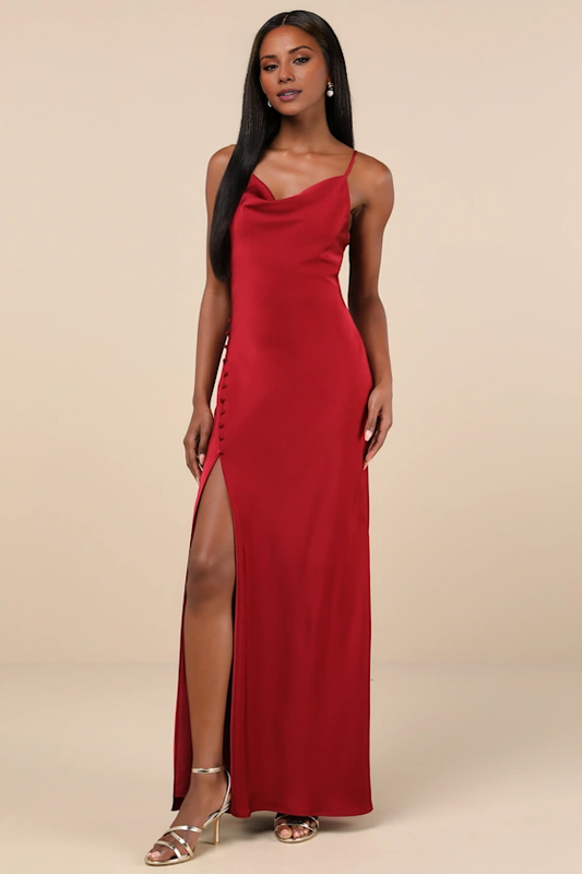hanging neckline sleeveless thin shoulder strap backless side slit and floor length evening dress