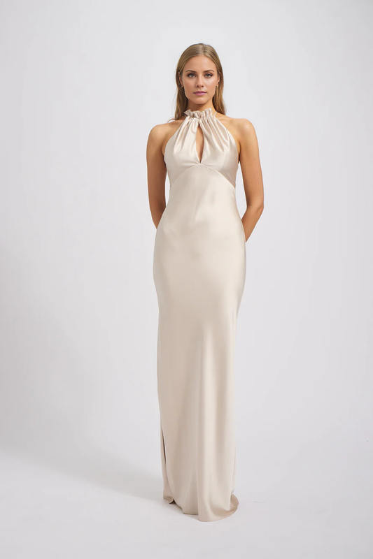 halter neckline sleeveless backless side slit and floor length Prom dress
