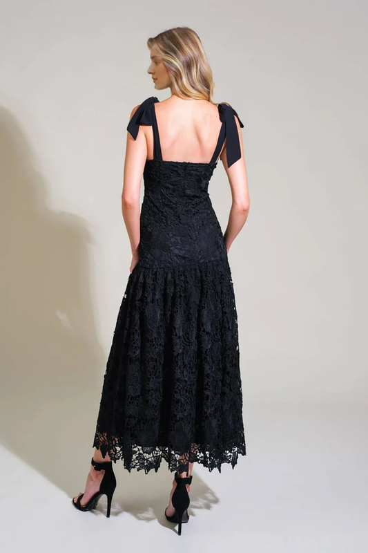 Lace mid length chicken neckline bow shoulder strap dress