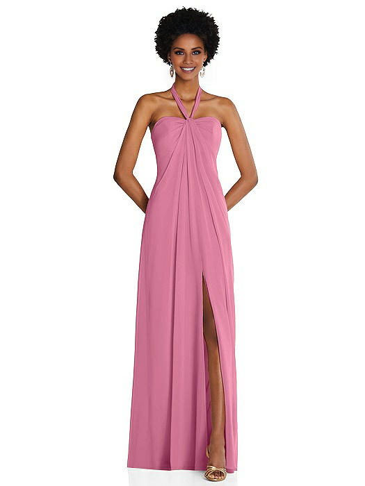 halter neckline off shoulder sleeveless backless side slit and floor length Prom dress