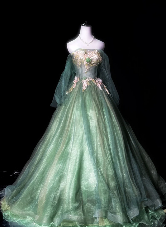 Green off-the-shoulder fitted waist slim-fitting ball gown with a full skirt R8673