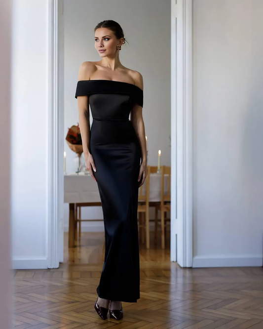 - Off Shoulder Collar Satin Sleeveless Back and Floor length Prom Dress