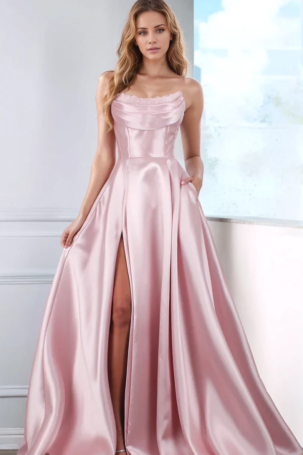 Sweet A-line boat neck sleeveless sequin pleated high side slit with trailing tie formal evening gown