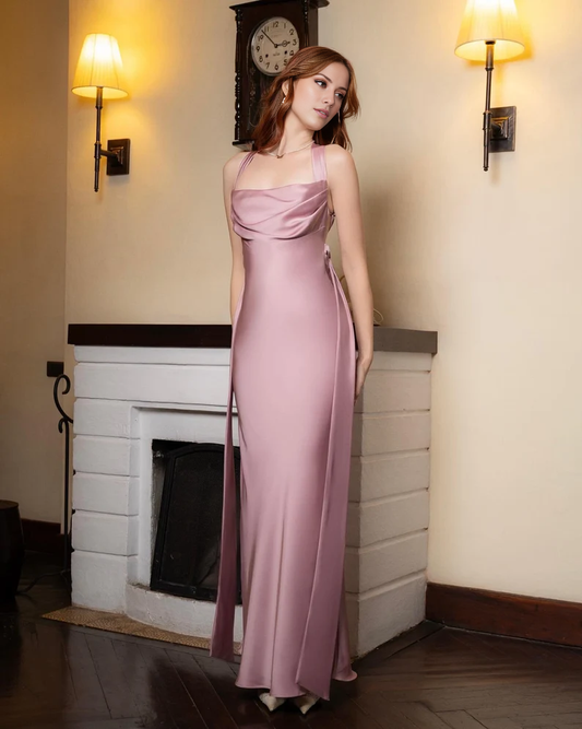 - Hanging neck collar satin and floor length Prom dress