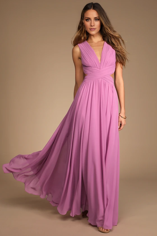 A-line deep V-neck sleeveless pleated details and floor length evening dress
