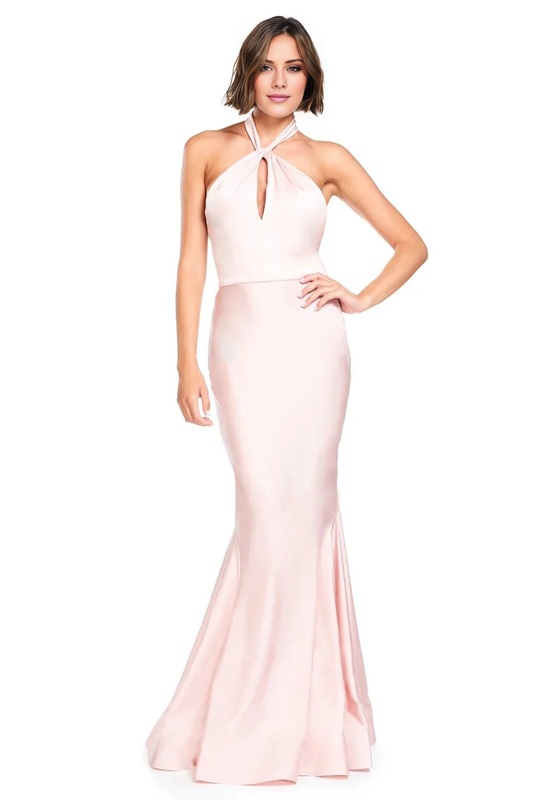 halter neckline off shoulder sleeveless backless and floor length evening dress
