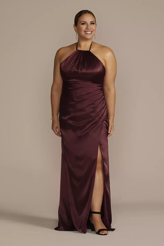 halter neckline sleeveless thin shoulder straps with side slits and floor length Prom dress