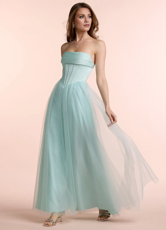 - off shoulder collar sheer strapless and floor length Prom dress