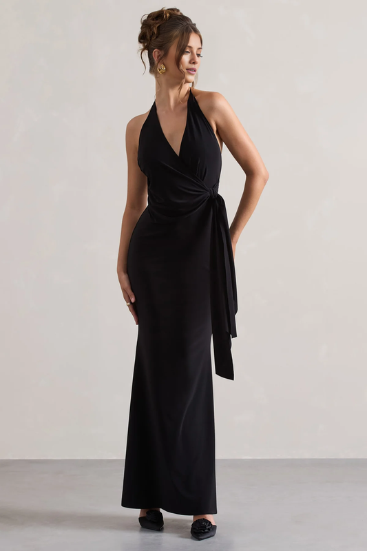 Hanging neck collar with pleats and a floor length evening dress - Dress