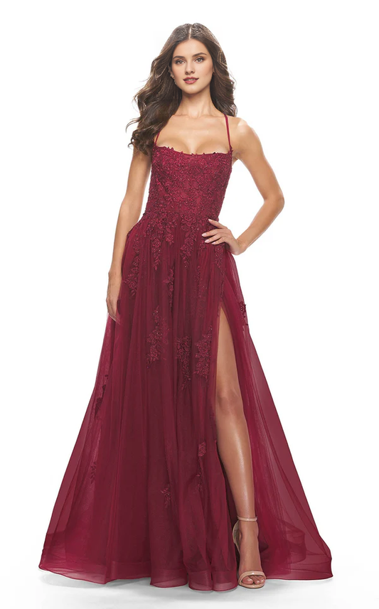 A-line deep straight neckline beaded lace tight corset sheer and floor length Prom ress