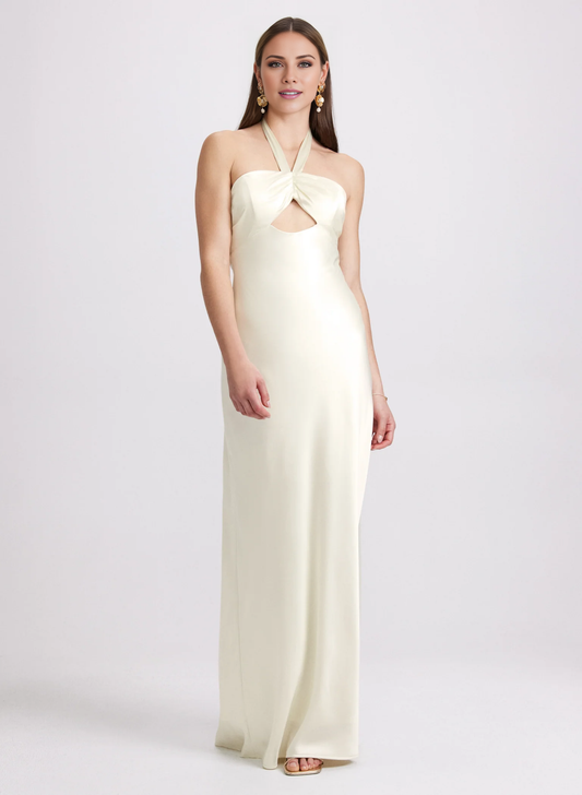 halter neckline sleeveless satin backless long Prom dress