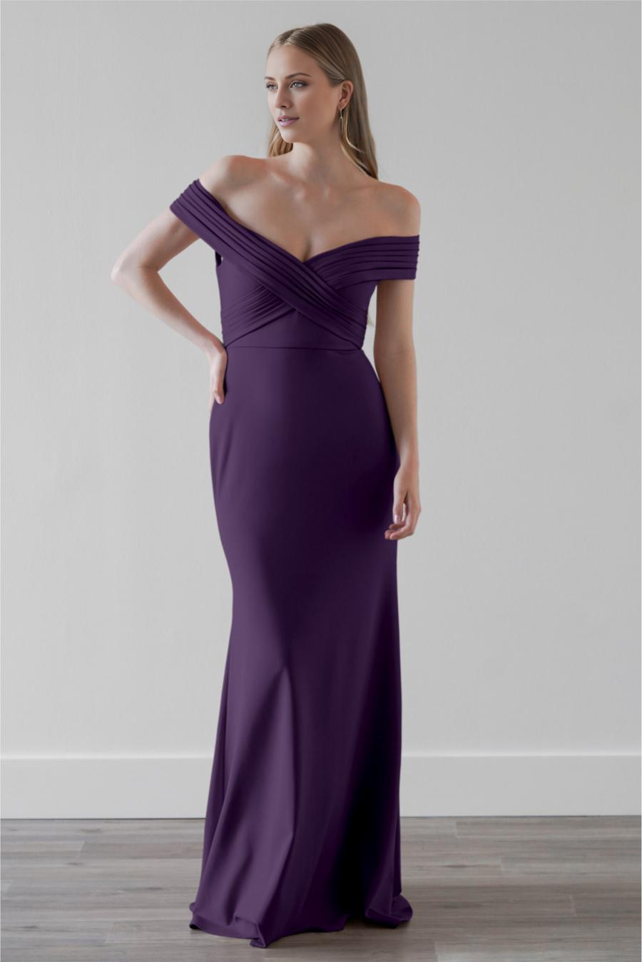 off shoulder collar pleated backless and floor length evening dress