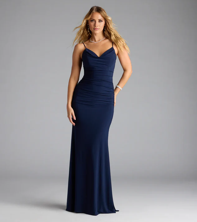 mermaid scarf collar with thin shoulder straps, satin backless and floor length Prom dress