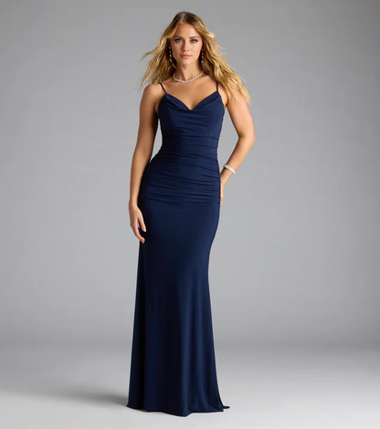 mermaid scarf collar with thin shoulder straps, satin backless and floor length Prom dress
