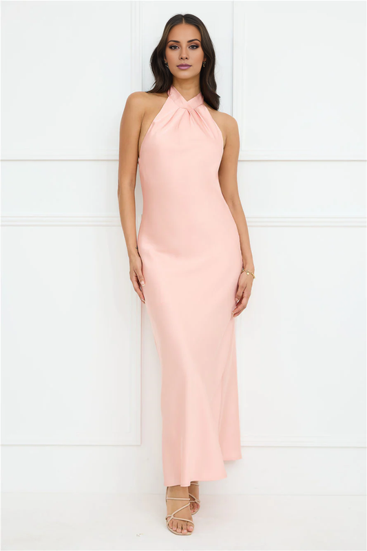 halter neckline satin bow tie tie maxi prom dress